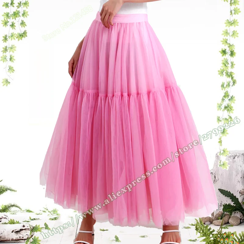 

Pink Mesh Half-length flowy Fluffy Midi Skirt Pleated 2023 Autumn Winter Fairycore Maxi Tutu Skirts for Womens