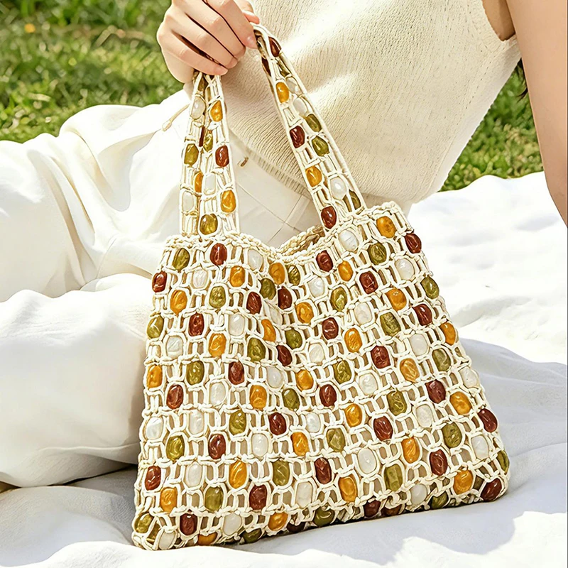 Vintage Handgefertigte Perlen-Handtasche Nischen-Designer Luxus Ausgehöhlte Bucket Bag Neue Sommer Damen Strand-Urlaubstasche – Detail 20