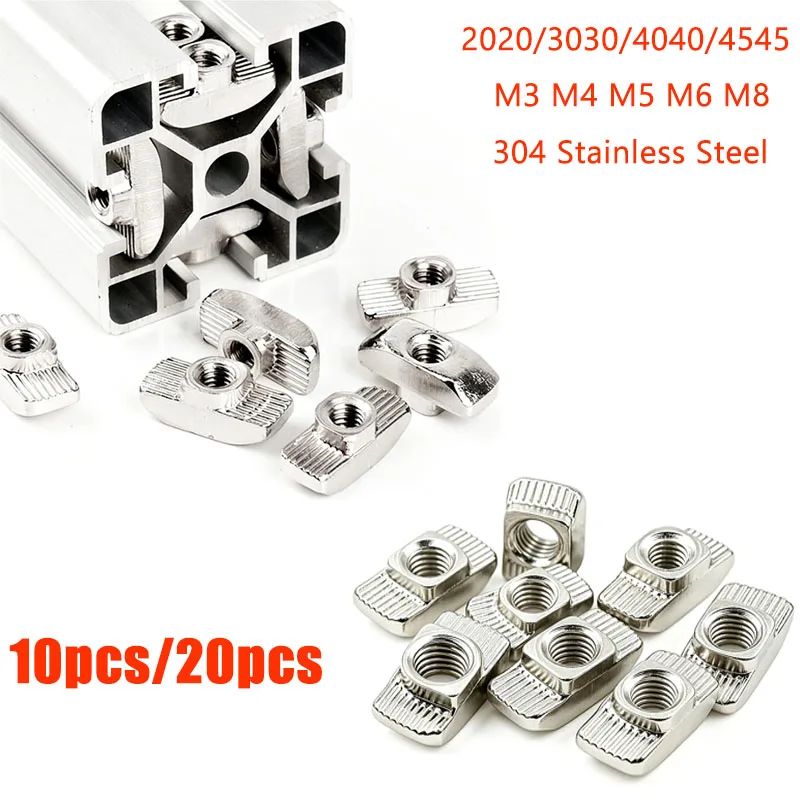 10/20Pcs T Slot Nuts 304 Stainless Steel 2020/3030/4040/4545 Series Hammer Head M3 M4 M5 M6 M8 T Nuts for Aluminum Profile