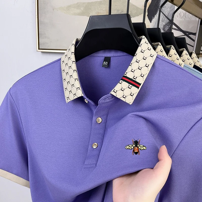 Sommer Neues Designer-Polohemd mit Exquisiter Bienenstickerei für Herren, Bestseller, Bequem und Atmungsaktiv, aus Maulbeerseidenstoff, Kurzes Oberteil – Detail 19