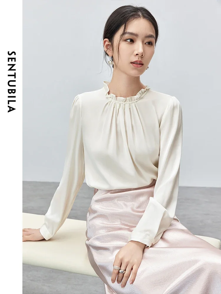 SENTUBILA Elegante weiße Bluse für Frauen 2025, Herbst, Frühling, Chiffon, Rüschen, lange Ärmel, Damenoberteile, Damenbekleidung 143 V55694