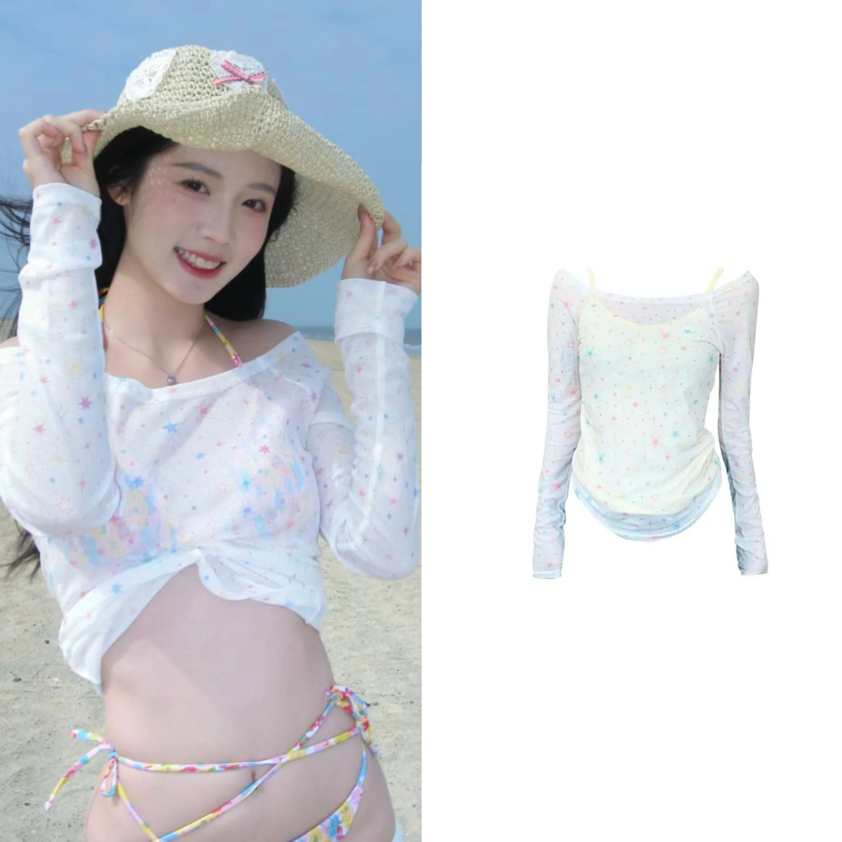 

Retro American Hot Girl Floral Print Water-Resistant Bikini Swimsuit Women's Thermal Spring Star Cover-Up Swimwear Tank Top