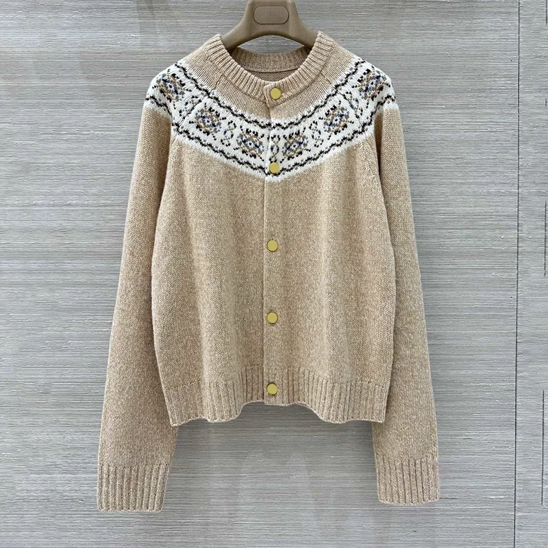 

Высококачественный женский металлический кардиган с круглым вырезом на одной пуговице и принтом, роскошный свитер в британском стиле 25101798