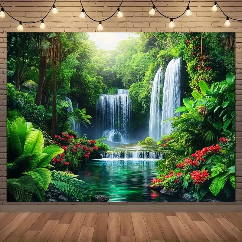 Tropical Rainforest Waterfall Tapestry - Lush Green Jungle Scenery, Natural Landscape Wall Decor, Serene Nature Art, Polyester