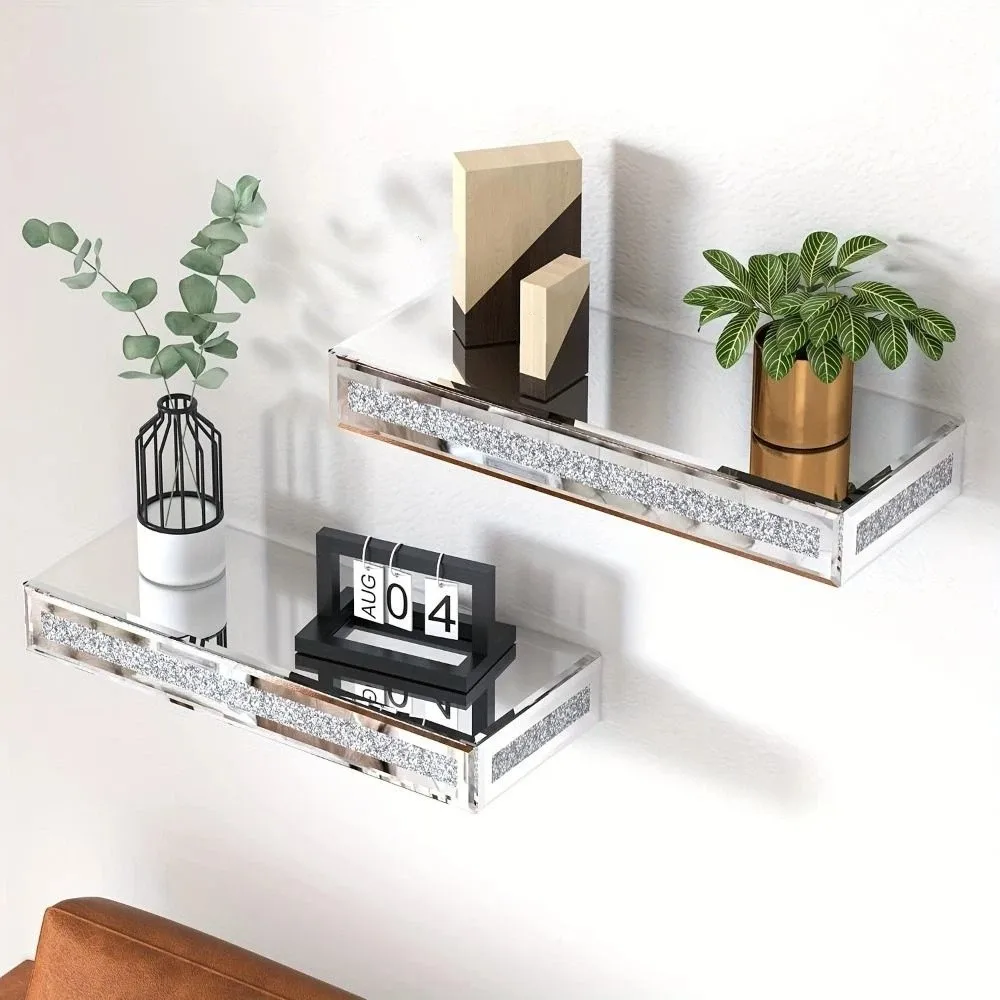 

2pcs Premium Mirror Glass Mirror Glass Floating Shelf Wall-Mounted Design Smooth Surface Wall Mounted Shelf Elegant Modern Look