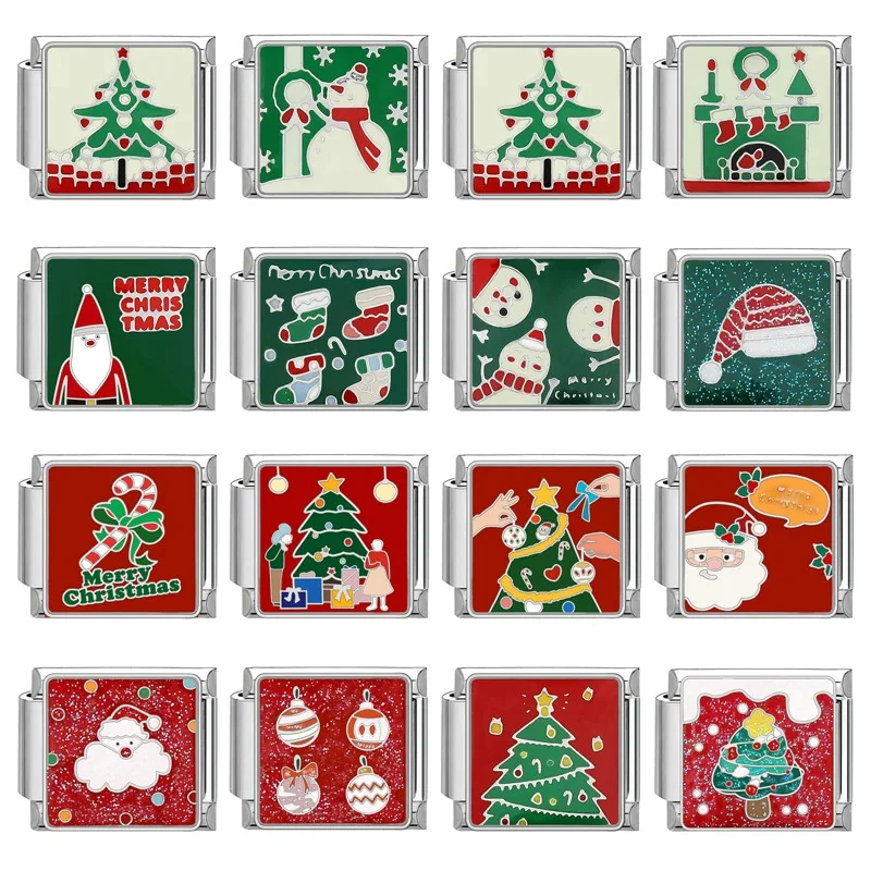 Fashion Christmas Series Snowman Santa Claus Tree Gloves Socks Italian Charm Links Fit 9MM Stainless Steel Bracelet DIY Making