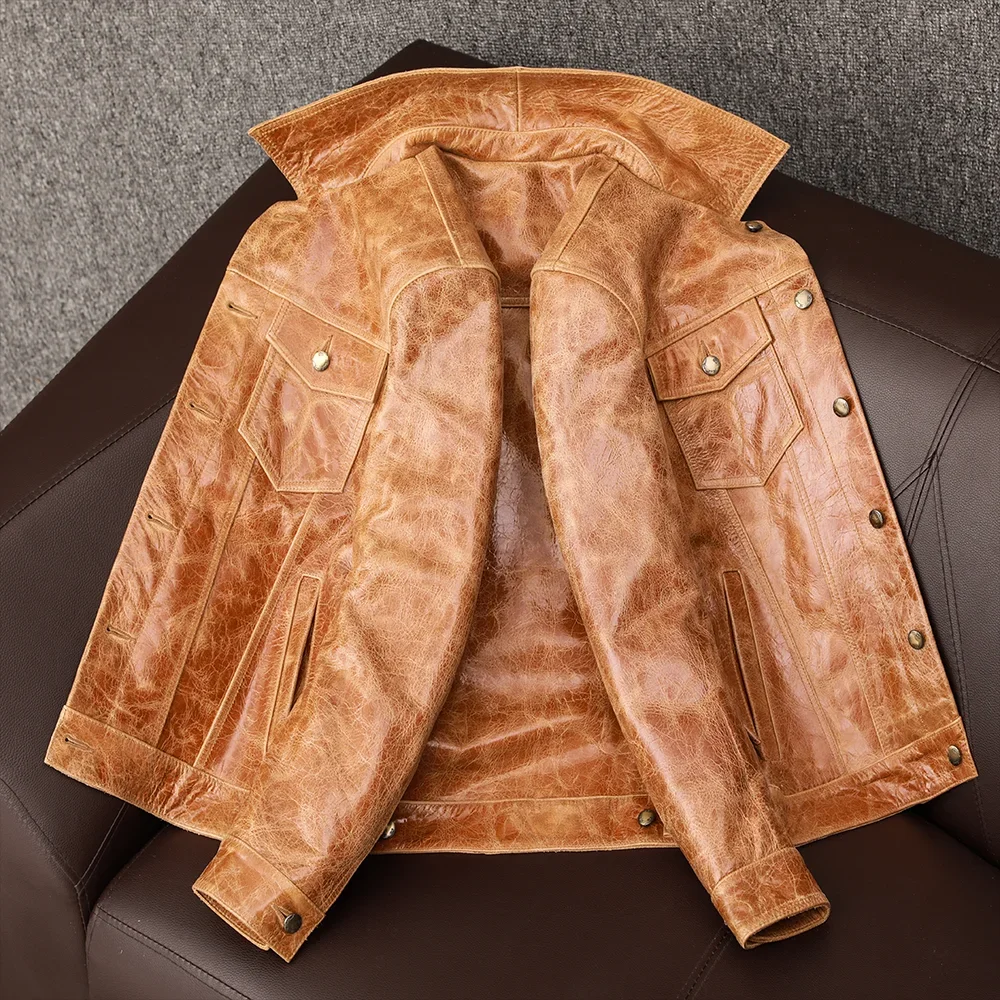 Veste classique décontractée en cuir de vachette pour homme, manteau en peau de tête de batik tanné végétal, jaune et marron, grande taille, automne et hiver 2025