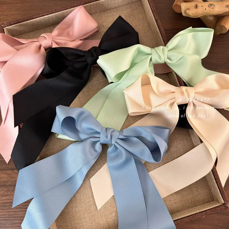 2024 Korean Dopamine Style Mint Green Large Bow Ribbon Hair Clips fashion bowknot Tassels Hair Accessories Headwear 1pc