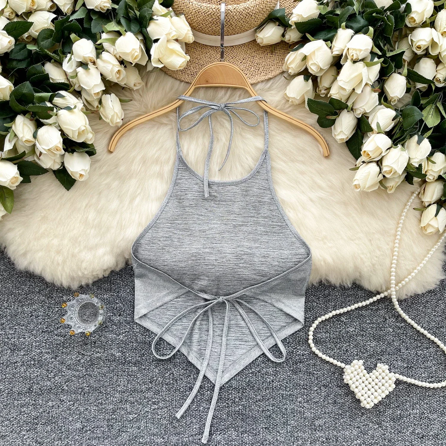 Chic Halter Bandage Holllow Out Basics Camis Slim Vintage Top Asymmetrical Korean Ins Corset Summer Backless Women Y2k Crop Top