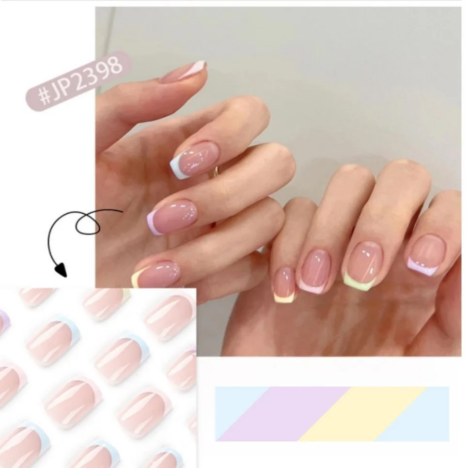 24 Stuks Draagbare Valse Nagels Kunst Regenboog Vijf Kleuren Franse Verse Pers Op Nagel Tips Premium Faux Acryl Volledige Dekking Nep Nagels