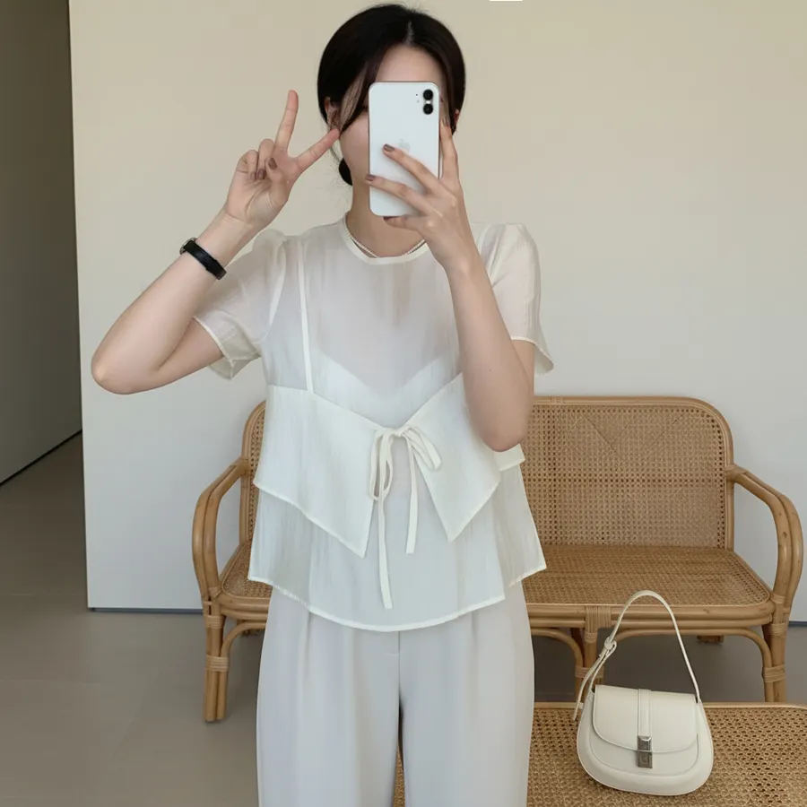 Korean Style Chic Lightweight Short Sleeve Shirt Women's Two-Piece Set Design Bubble Sleeve Knot Straight Cut Blouse