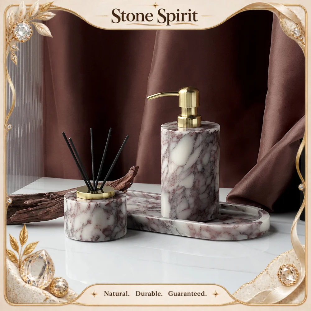 【Natural】Calacatta Viola Violet Natural Marble Bathroom Accessories Set Luxury Soap Dispenser Cotton Swabs Jar Tray Bathroom Set