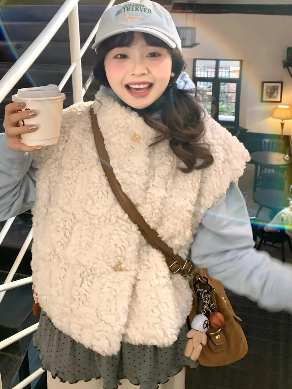 Korean Style Sweet Cute Heart Buckle Thickened Lamb Fur Vest Women's Short Size Environmental Protection Fashionable Sweater