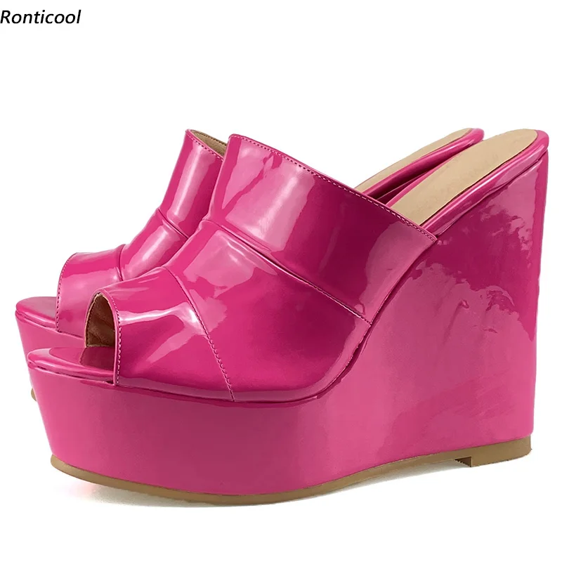 

Ronticool/женские сандалии-мюли, лакированные туфли на танкетке с открытым носком, великолепная фуксия, фиолетово-бордовая обувь для вечеринок, женская обувь для вечеринок, США, большие размеры 5-20