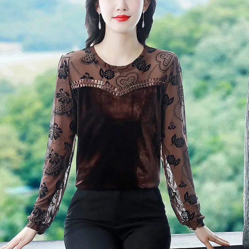 Women Stylish Print Patchwork Vintage Gold Velvet Basic T-shirts Elegant Chic O Neck Long Sleeve Loose Pullover Tops Ropa Mujer