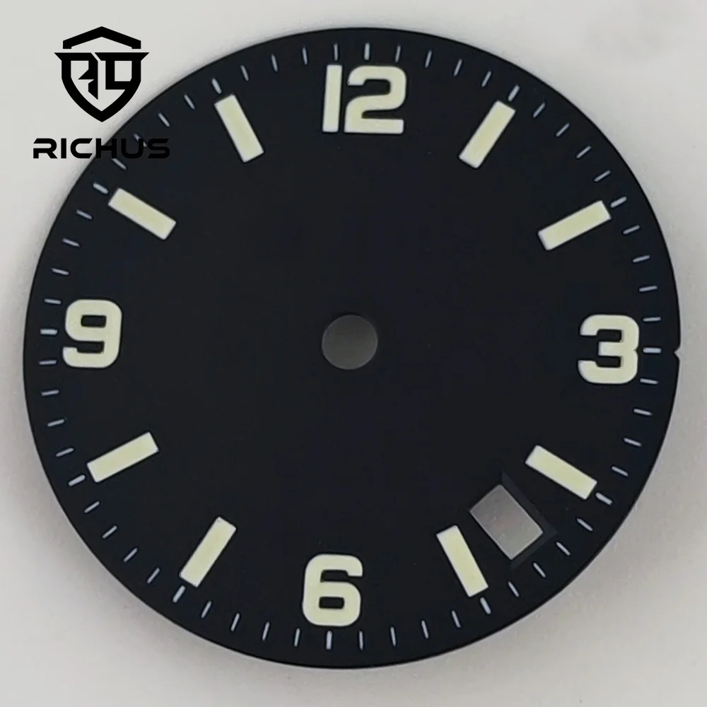 

Циферблат часов RICHUS NH35 28,5 мм, стерильный циферблат, зеленый светящийся циферблат, подходит для NH35 NH34, автоматический механизм, подходит для заводной головки на 3,8 часа