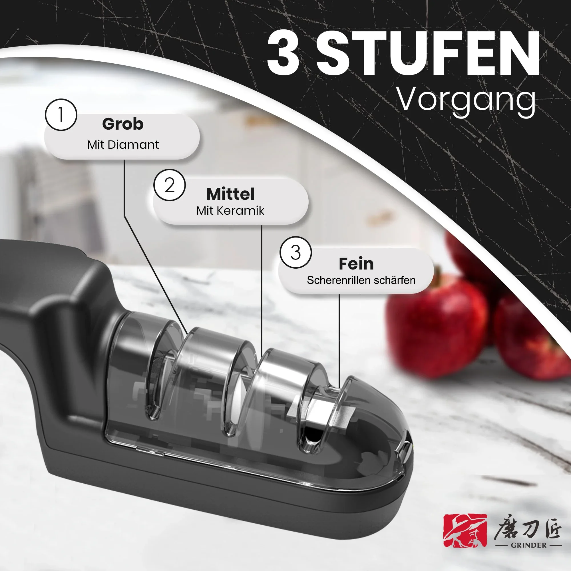 

TAIDEA Professional 3-Stage Manual Sharpener: Coarse/Fine/Polish for Kitchen Knives & Scissors | Portable Grip & Non-Slip Base
