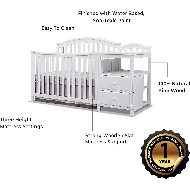 Crib and Changer with Slat Panel Back Classic -in- Convertible Diaper Changing Table Non-Toxic Finish Wooden Baby Bed