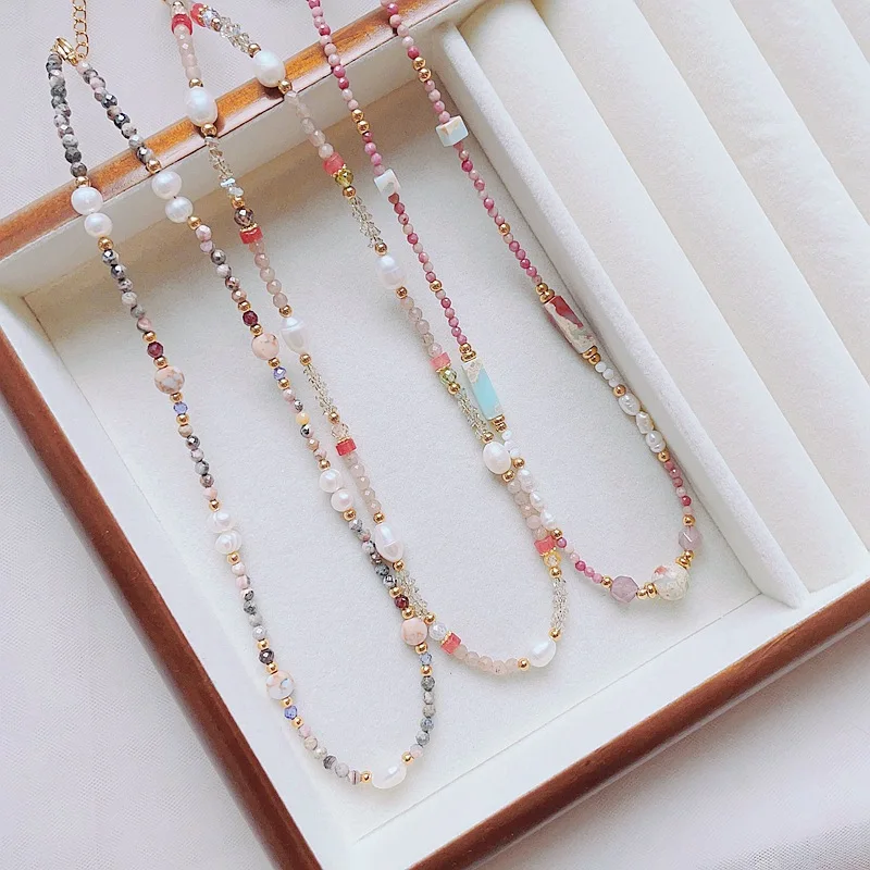 Minar Retro Multiple Colorful Natural Stone Freshwater Pearl Strand Beaded Necklaces For Women Gold Titanium Steel Choker