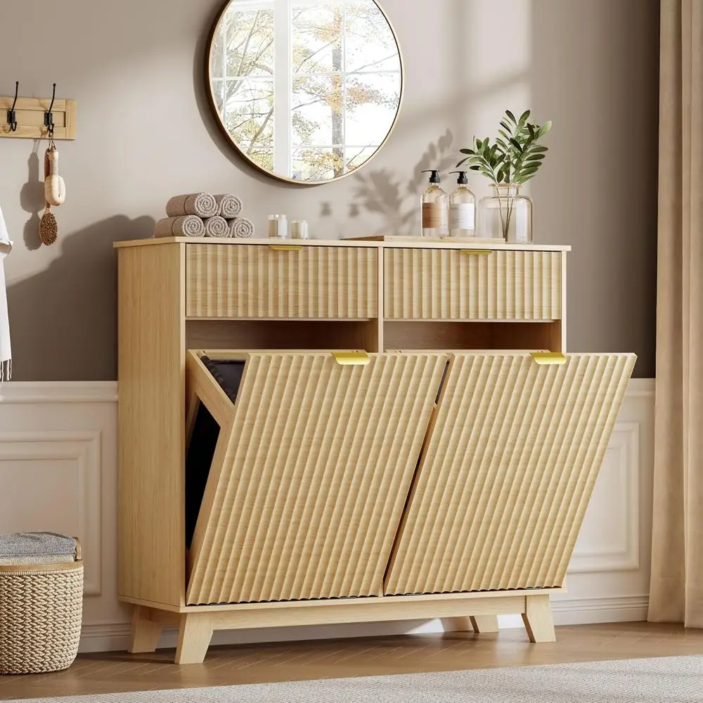 

Double Tilt Out Laundry Hamper Cabinet, 20 Gallon Wooden Trash Can Cabinet with Storage Drawers, Hidden Fluted Garbage Can Holde