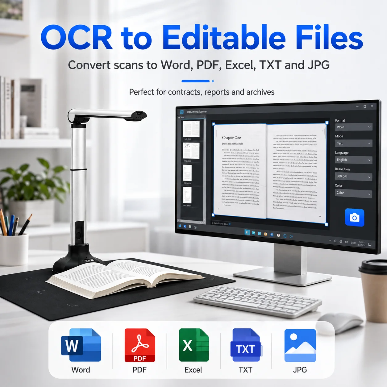 16MP/26MP A3/A4 Book Scanner Document Camera with OCR, Curve Flattening, Auto Crop, LED Light, USB for Office School