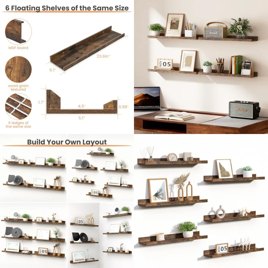 

Floating Shelves for Wall, 23.6 Inch Shelves for Decor Storage Set of 6, Wall Mounted Wood Shelf for Bedroom, Living Room, Bath
