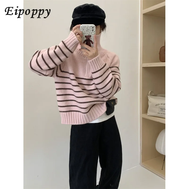 เสื้อสเวตเตอร์แบบสวมหัวมีซิปครึ่งตัวสำหรับผู้หญิงเสื้อสเวตเตอร์หนาสไตล์เกาหลีทรงหลวมและขี้เกียจใหม่
