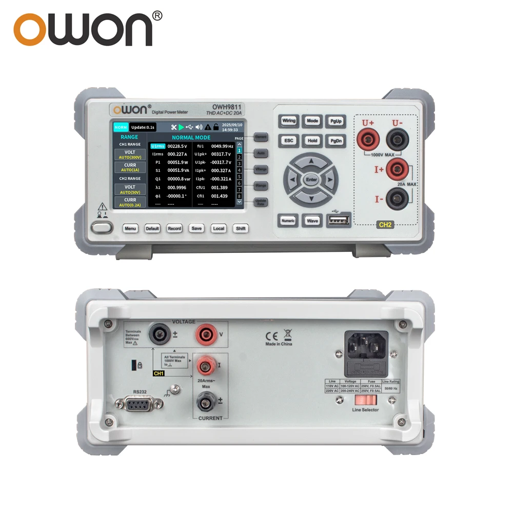 OWON OWH9811 Digital Power Meter Single-Phase Dual Channels 1000V 20A IEC Harmonic RS232 3.96inch LCD 20KW Powermeter