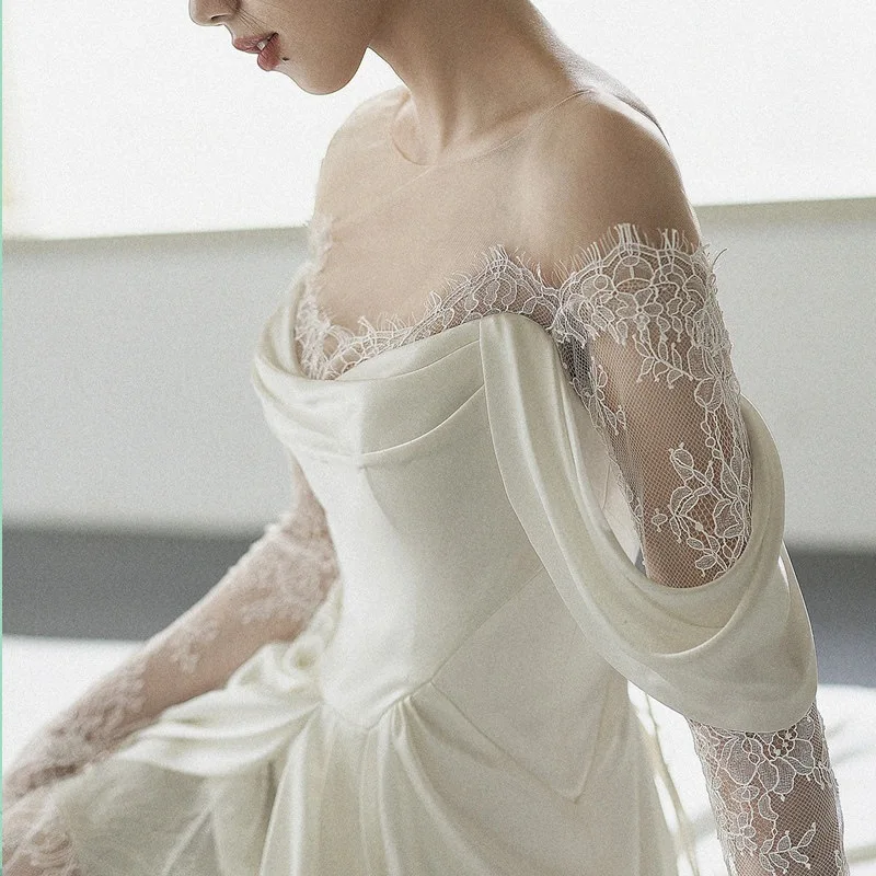 Robe de Mariée Élégante en Dentelle Blanche à Col Rond, Manches sulf, Ligne A, Longueur au Sol, Traîne de Balayage, Fente Latérale, Fermeture Éclair en Satin, pour Patients, 2024