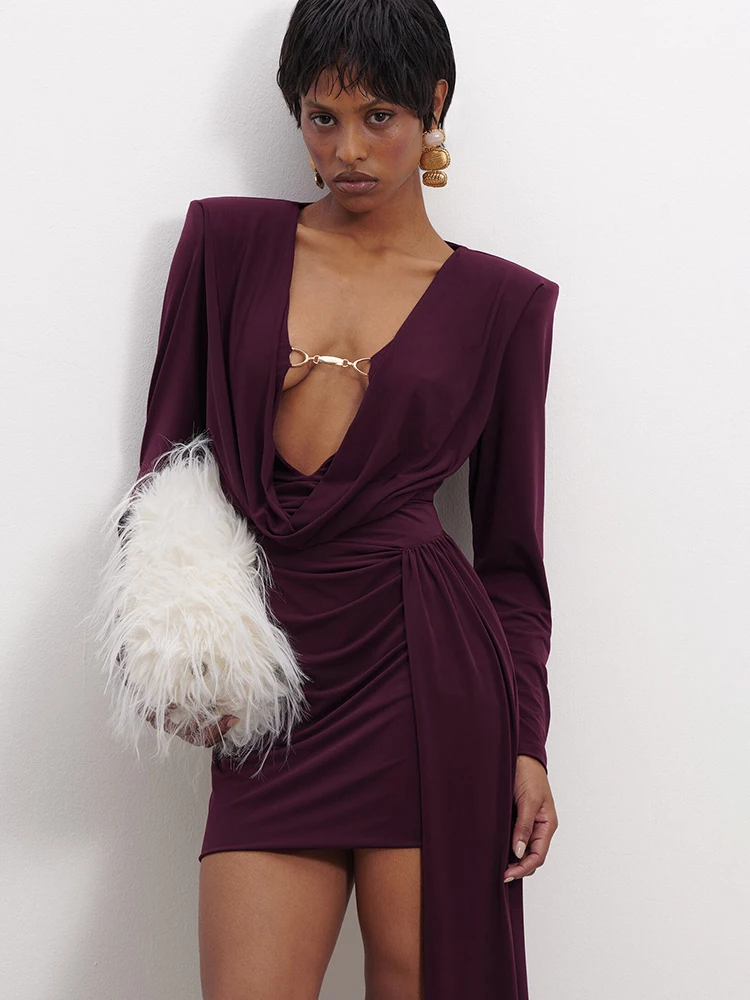 

JULISSA MO Deep V-neck Metal Button Women Mini Dress Long Sleeve Ribbon Dress Winter Slim Elegant Club Party Dress Vestidos 2026