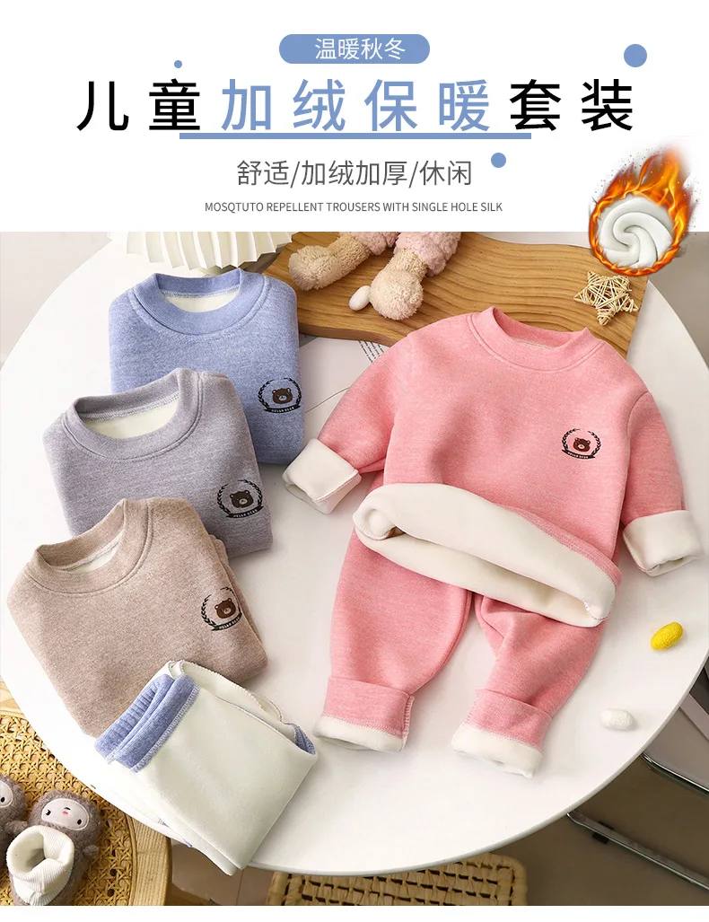 Baby Winter Fleece Thermo-Unterwäsche-Set Jungen Mädchen Weiche Dehnbare Langarm-Basisschicht Kinder Festliche Heimkleidung Kinder-Loungewear – Detail 2