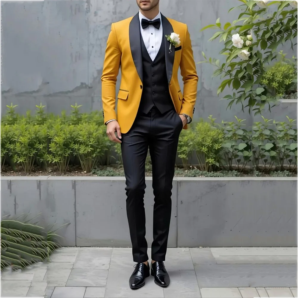 بدلات رسمية للرجال لحفلات الزفاف ضئيلة جاهزة العريس ثلاث قطع أنيقة شال التلبيب زر واحد مجموعة الأعمال (سترة + سترة + بنطلون) #1