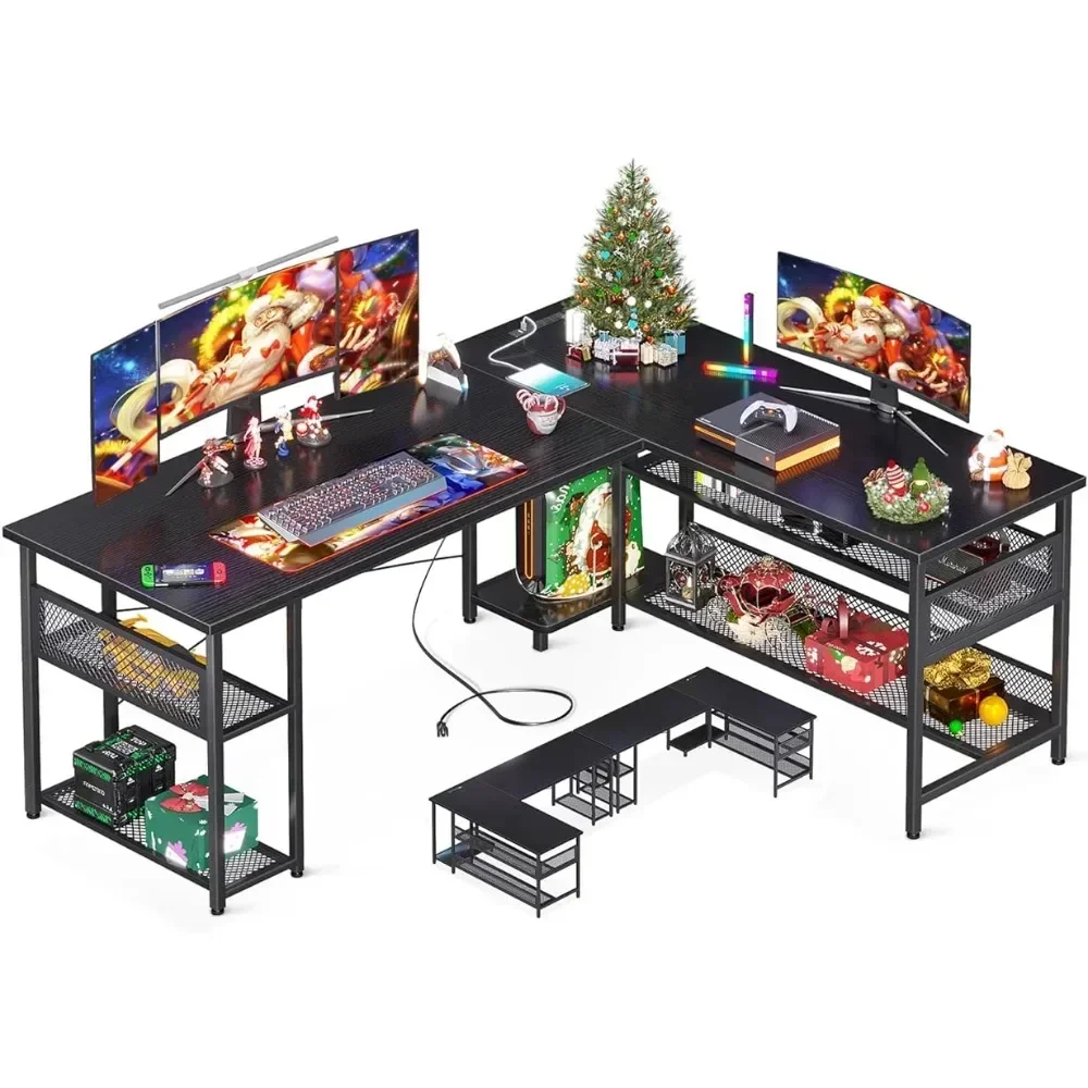 

Tv Table for Laptop Bed Home Office Desk Furniture 59”L Shaped Desk With Power Outlet and USB Charging Ports Black Pc Gaming