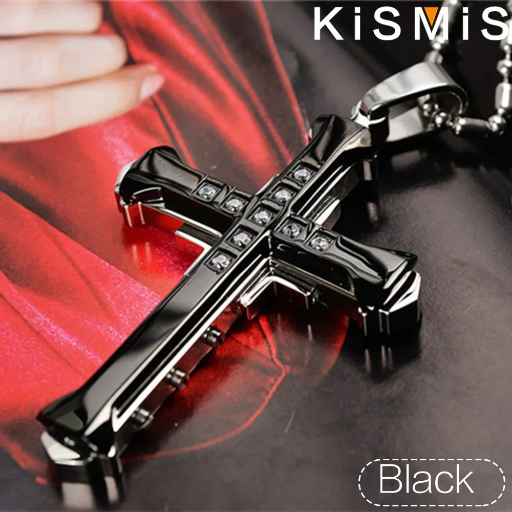 KISMIS 1PC Male Crystal Cross Pendant Silver Gold Black Stainless Steel Zirconia Jesus Cross Pendant Necklace Jewelry for Men