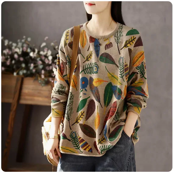 Fall Oversize Vintage Print Women's Korea Style Retro Long Sleeve Pullover Sweater Female Causal Soft Pulls Loose Knitwear Tops