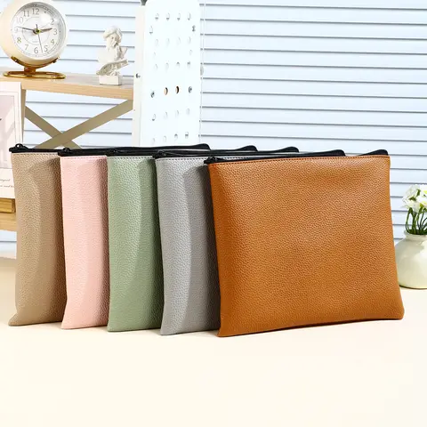1Pc Unisex Wear-Resistant PU File Bag Single Pocket Large Space Scratch-Proof A5 Document Commute Zipper Pouch