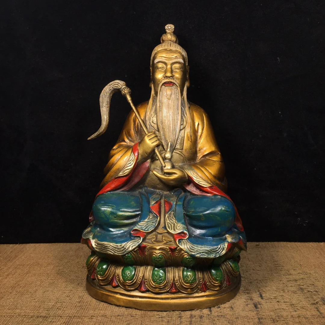 

9"Tibetan Temple Collection Old Bronze Painted Lord Lao Zi Statue The founder of Taoism Worship hall Town House Exorcism