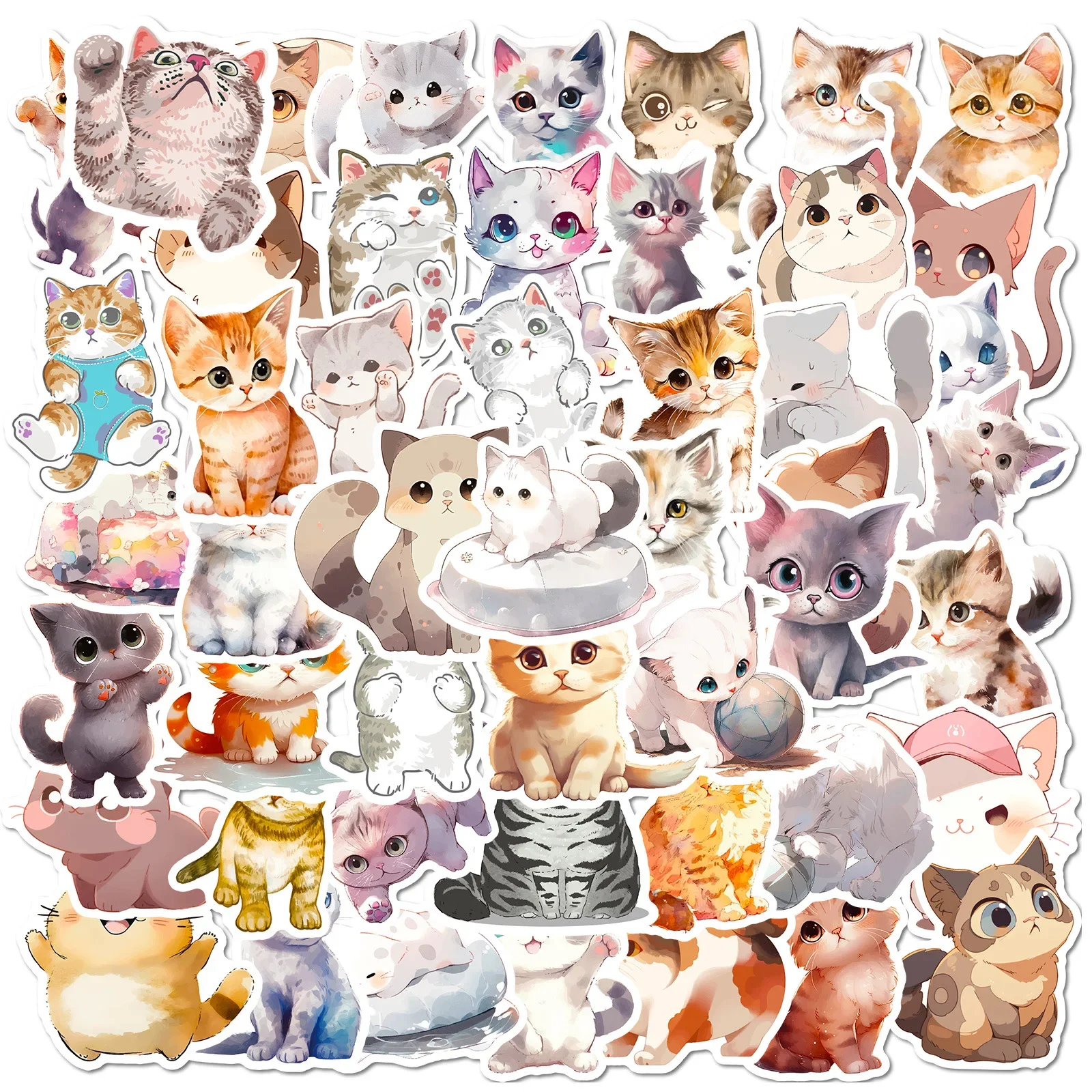 Dos desenhos animados adesivo de aquarela gato, cor clara, bonito pet, laptop, telefone móvel, geladeira, guitarra decoração, atacado, 10 PCs, 30 PCs, 50PCs