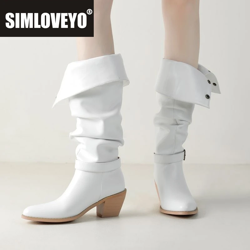

SIMLOVEYO 2025 Новые винтажные женские ботинки с круглым носком на массивном каблуке 6,5 см, без шнуровки с пряжкой на ремне, большие размеры 41 42 43 Fashion Dating Bota