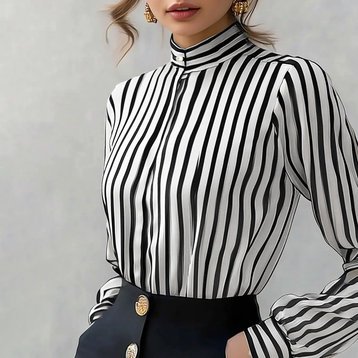 Mia Muse Women's Blouses All Seasons French Decent Stripe Long Sleeve High Neck Regular Workwear Blouses