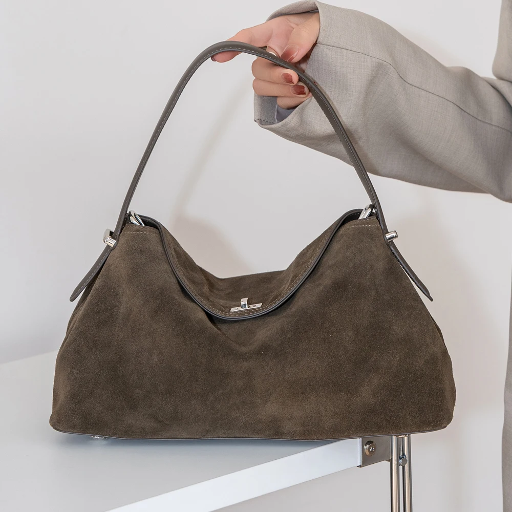 Women Genuine Suede Leather Hobo Bag Vintage Flap Underarm Shoulder Handbag Female Crossbody Large Capacity Commuter Purse Bags