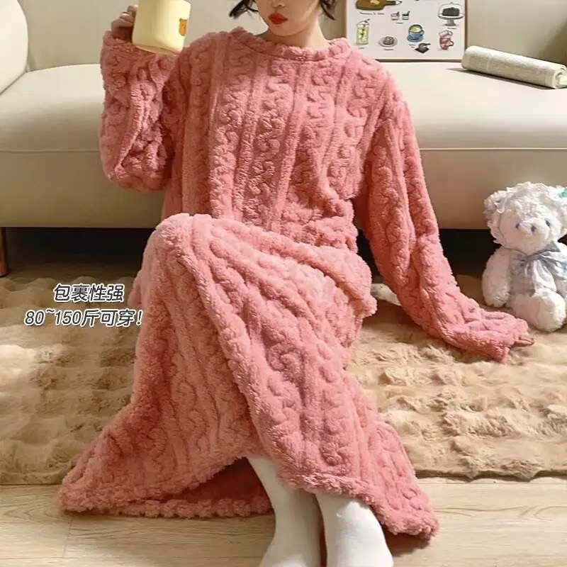Conjunto de pijama feminino de inverno solto longo com capuz roupão de banho camisola de veludo menina casa robe vestido engrossado quente loungewear