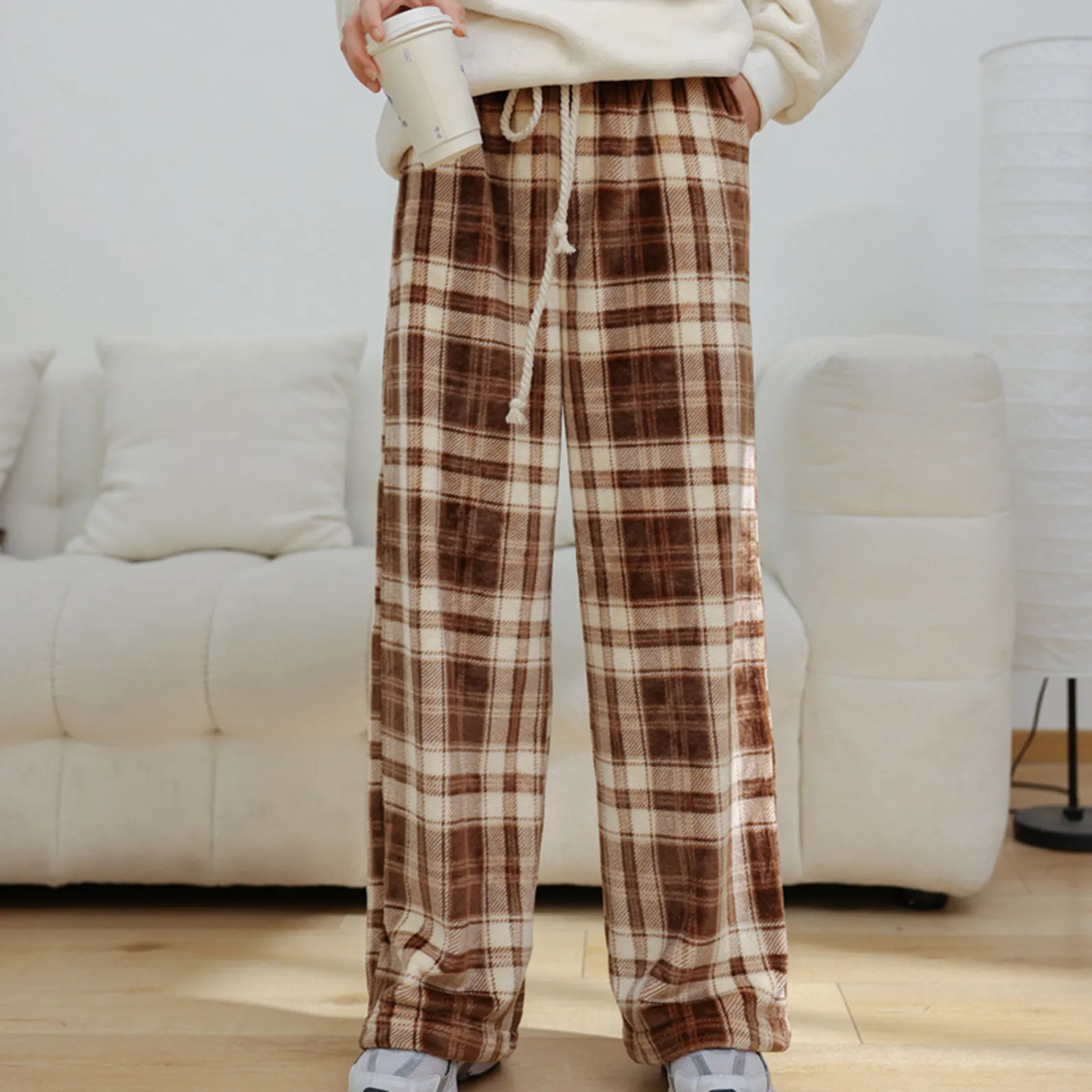 Men Velvet Long Pants  Autumn Winter Warm Comfortable Thick Flannel Plaid Checkered Loose Pajama Pants Wear Couple Home Clothes