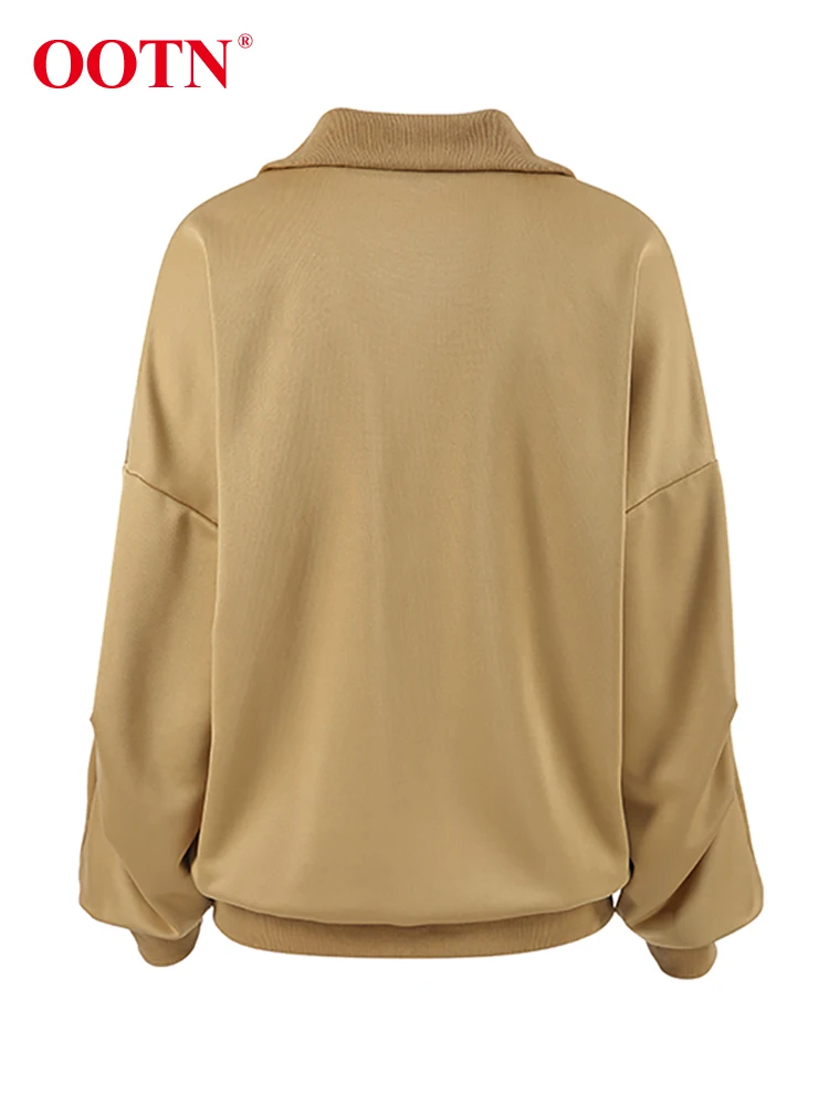 OOTN Khaki Elegant Zipper Pullover Tops Women Zip Autumn Winter 2024 Off-Shoulder Sleeve Solid Oversize Sweatshirts Lady Sporty