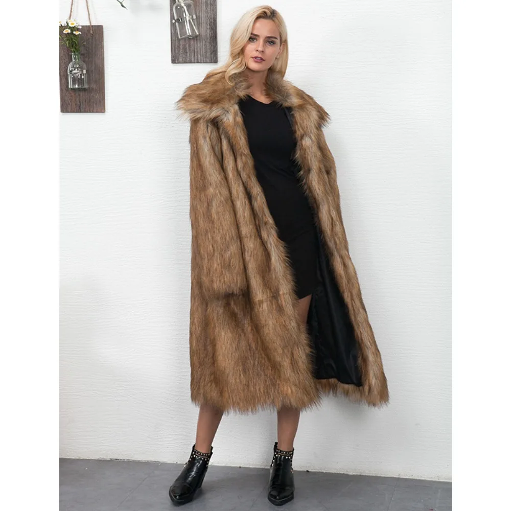 Women Faux Fur Jacket Long Coat Cardigan Thick Fluffy Warm Shaggy Open Stitch Outerwear 2025 Winter Female Overcoat Elegant