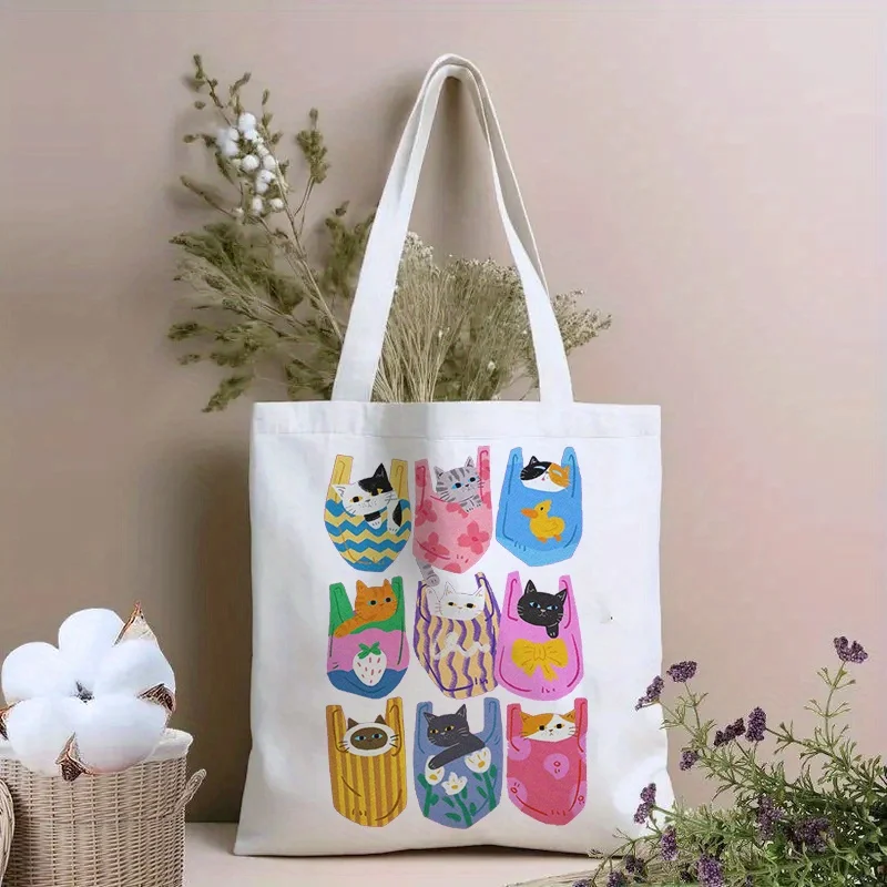 Niedliche Einkaufstaschen aus Canvas mit Katzenmotiv im japanischen Stil für Frauen, umweltfreundliche, wiederverwendbare Schultertaschen, Handtaschen als Geschenk. – Detail 7