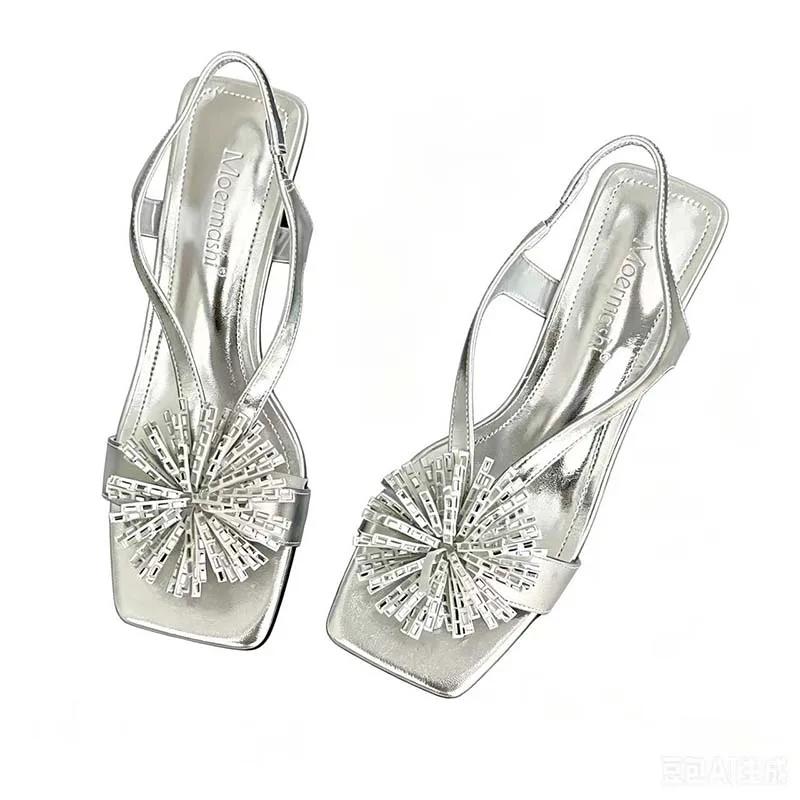 

Green Heels Sandals 3cm Or 5cm Kitten Heels Rhinestone Floral Ladies Summer Shoes Black Square Toe Sandals For Woman