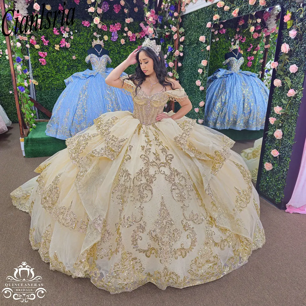 

Gold Beading Crystal Ruffles Bow Quinceanera Dresses Ball Gown Sequined Appliques Lace Mexican Sweet 16 Dresses 15 Anos