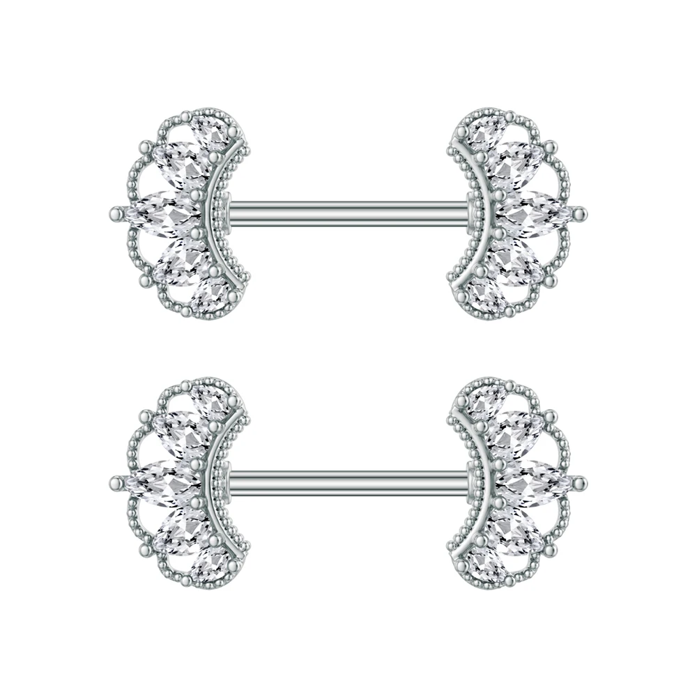 2pcs Both Sides Screwed Nipple Ring Fan-Shaped Crown Crystal CZs Sexy Nipple Piercing Jewelry Stainless Steel Nipple Barbell