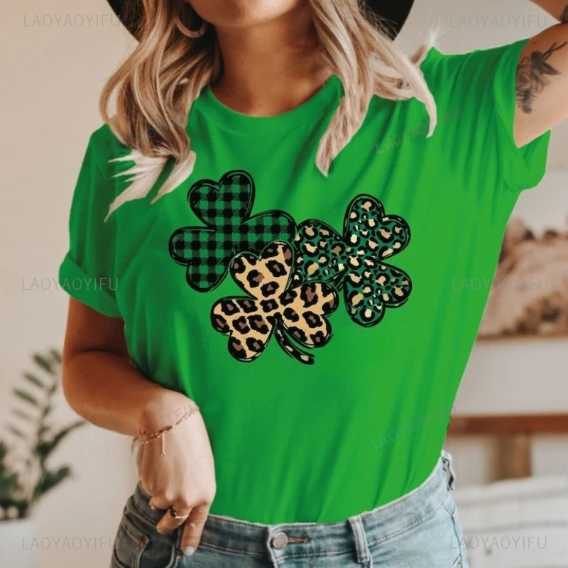 Irish Shirt St. Patrick's Day Cotton T-Shirt for Women St. Patrick's Shirt for Men Luck of The Irish Shamrock Leopard Outdoors